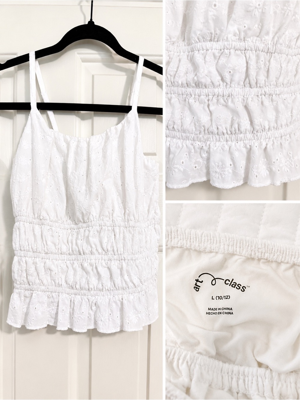 Art Class White Eyelet Smocked Camisole with Ruffle Hem